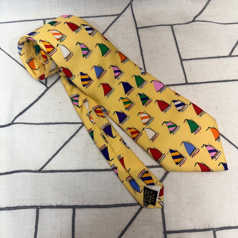Alynn‎ Neckwear Silk Tie OS Yellow Rainbow Fleet Sailboat Eric Holch Nautical